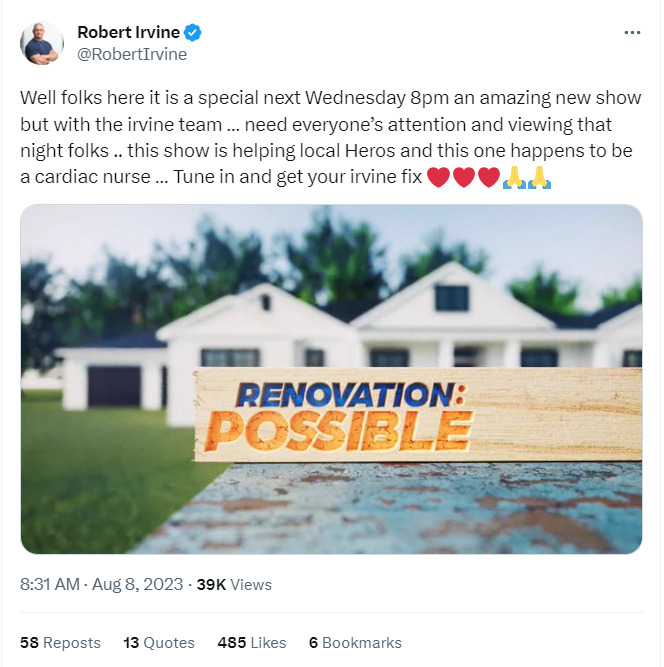 Renovation: possible Robert Irvine tweet